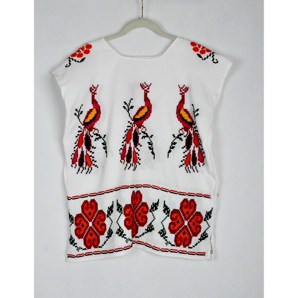 Mexican Embroidered Blouse Flowers Birds Embroidered Cross Stitches Blouse S M - Picture 4 of 5
